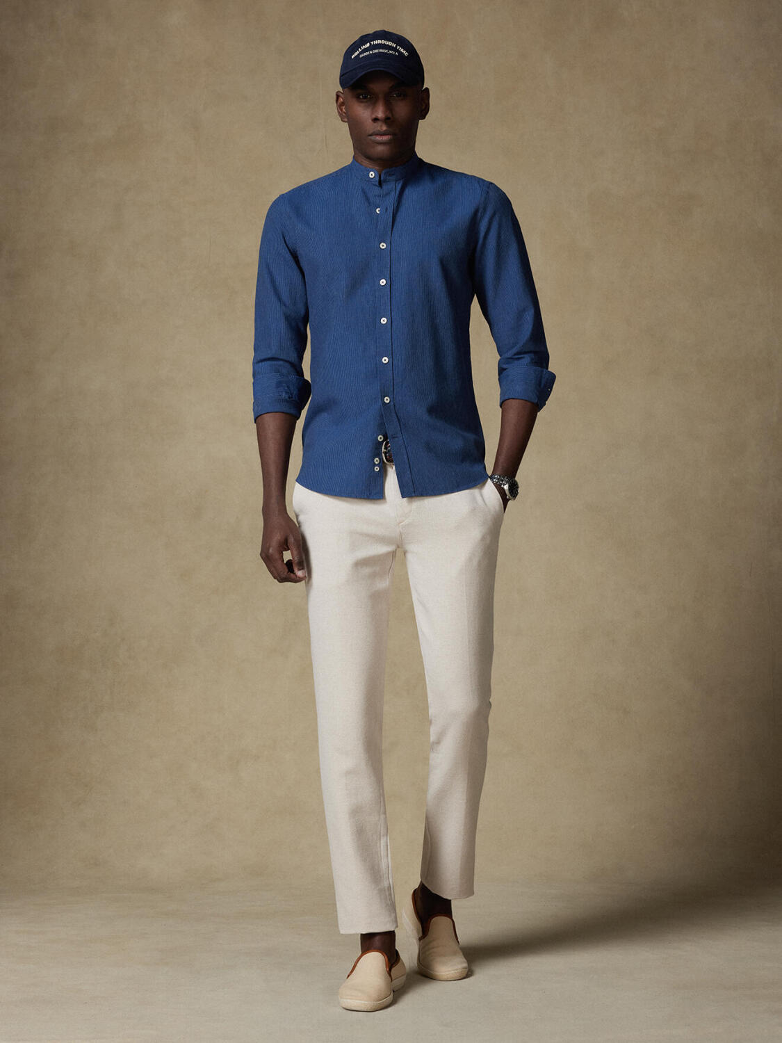 Chemise col mao Piper &agrave; rayures indigo