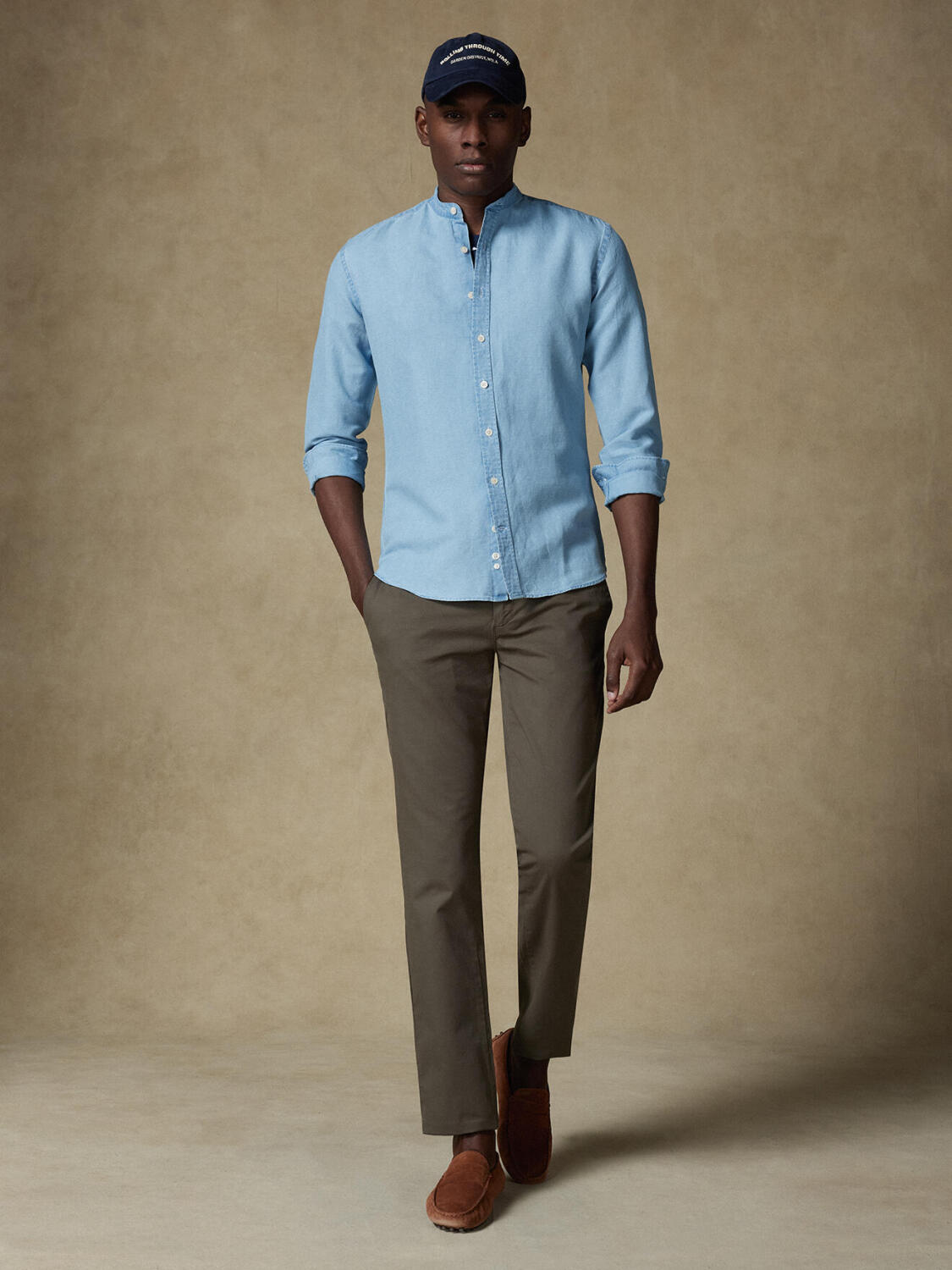 Camicia slim con collo alla coreana Andy in indaco chiaro