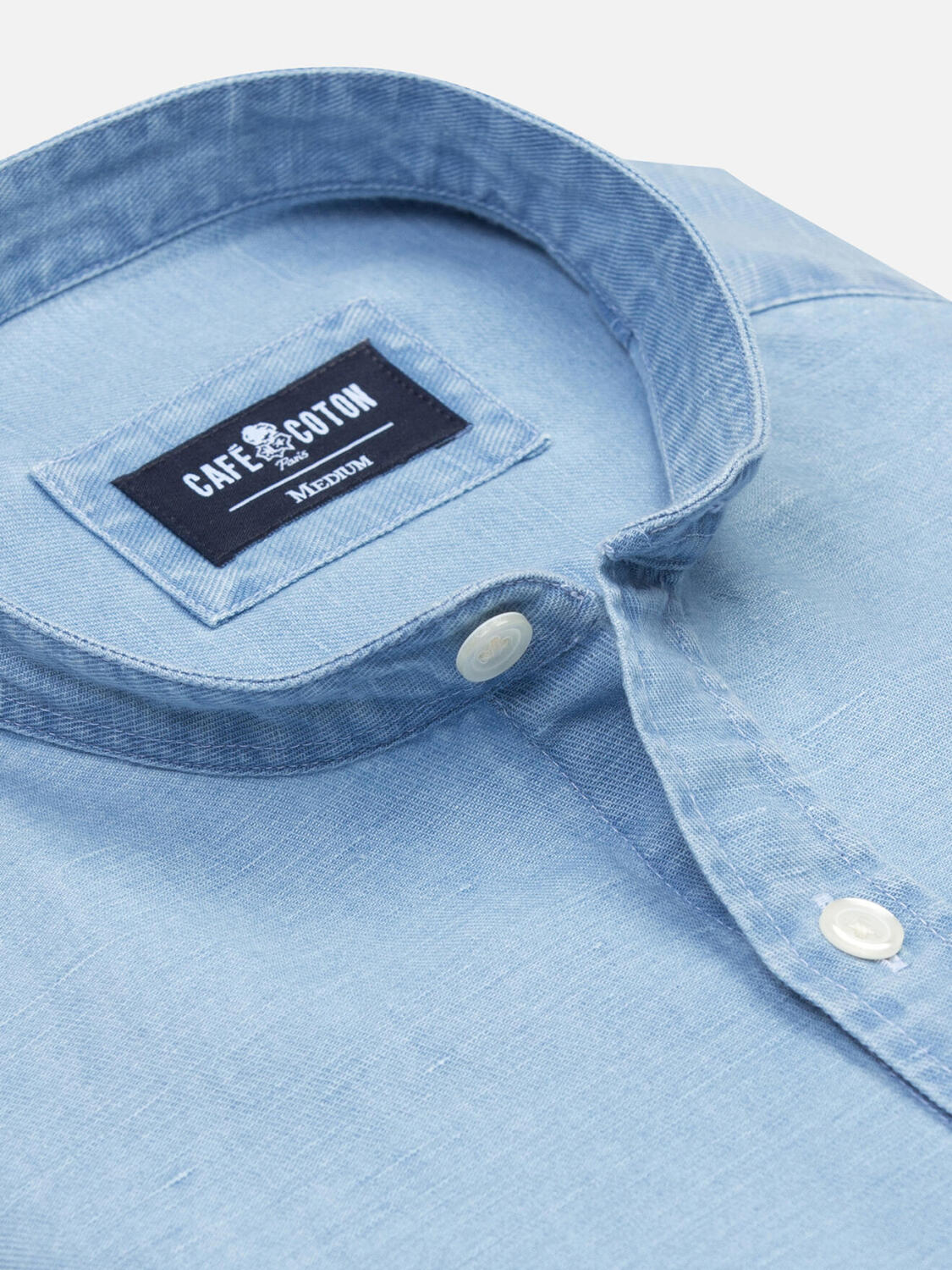 Camicia slim con collo alla coreana Andy in indaco chiaro