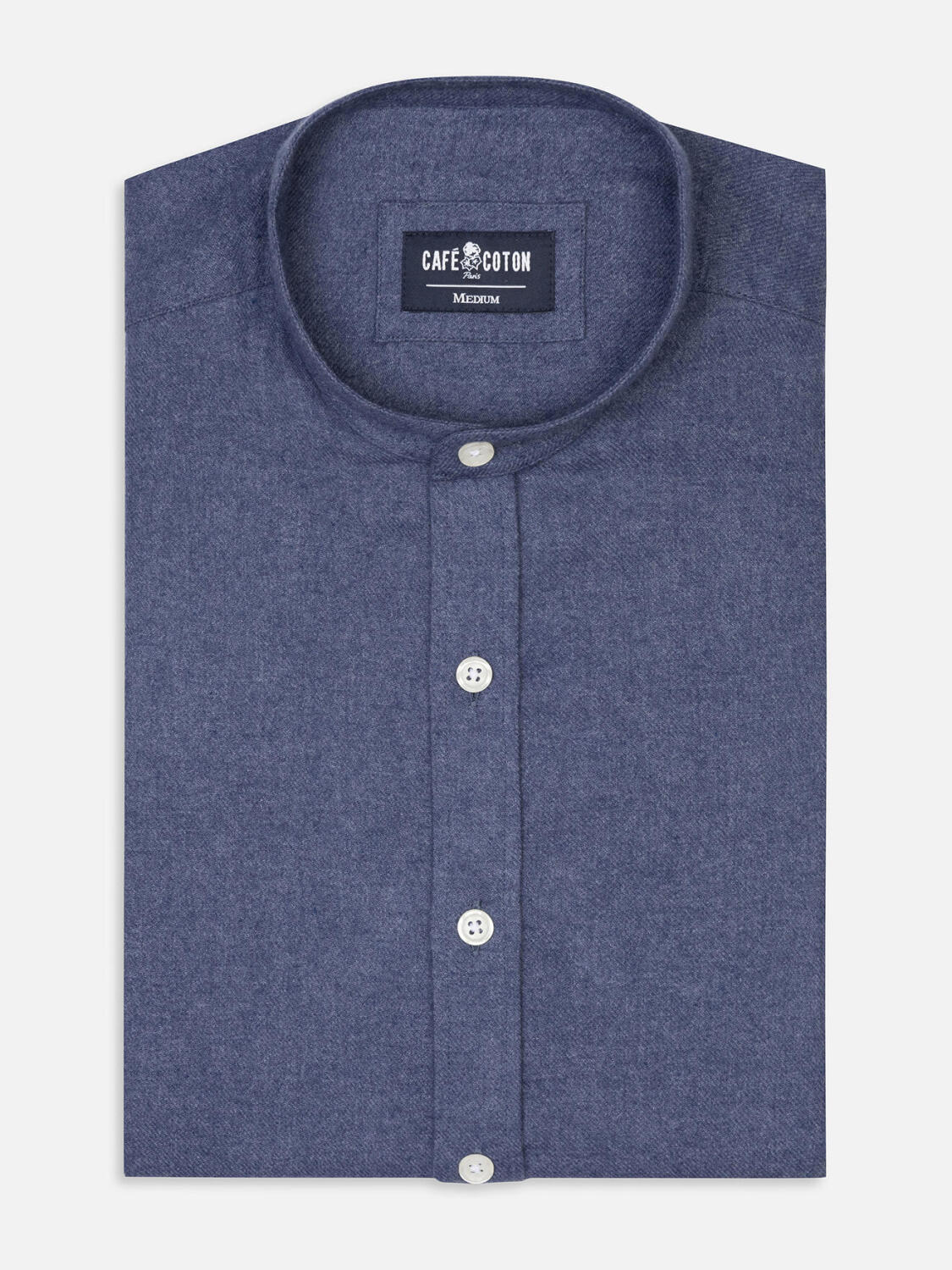 Camisa ajustada Garett franela azul - Algod&oacute;n reciclado - Cuello Mao
