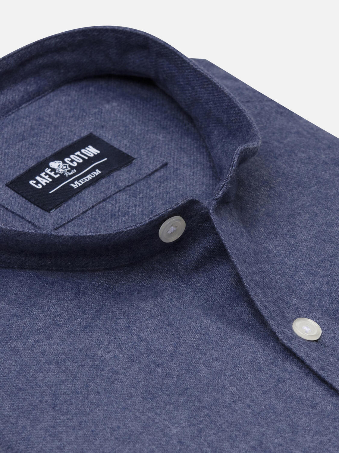 Camisa ajustada Garett franela azul - Algod&oacute;n reciclado - Cuello Mao