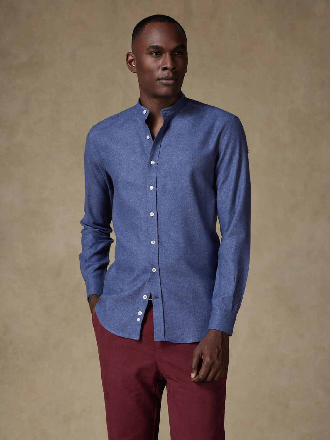 Camisa ajustada Garett franela azul - Algod&oacute;n reciclado - Cuello Mao