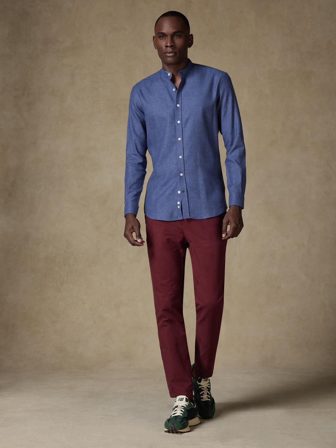 Camisa ajustada Garett franela azul - Algod&oacute;n reciclado - Cuello Mao