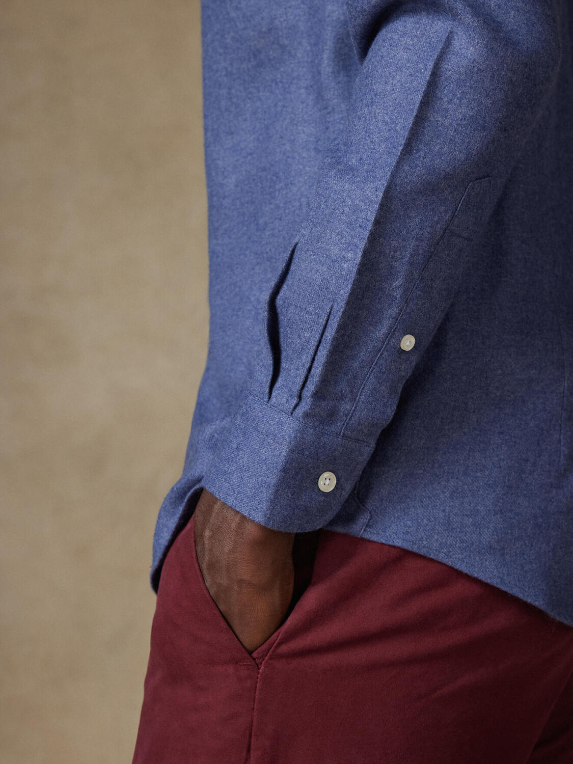 Camisa ajustada Garett franela azul - Algod&oacute;n reciclado - Cuello Mao