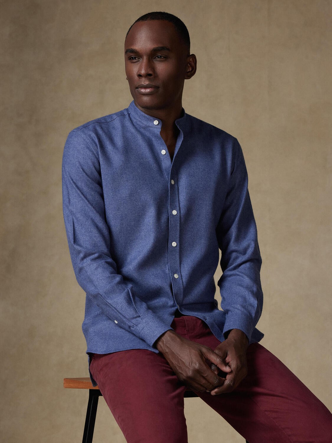 Camisa ajustada Garett franela azul - Algod&oacute;n reciclado - Cuello Mao