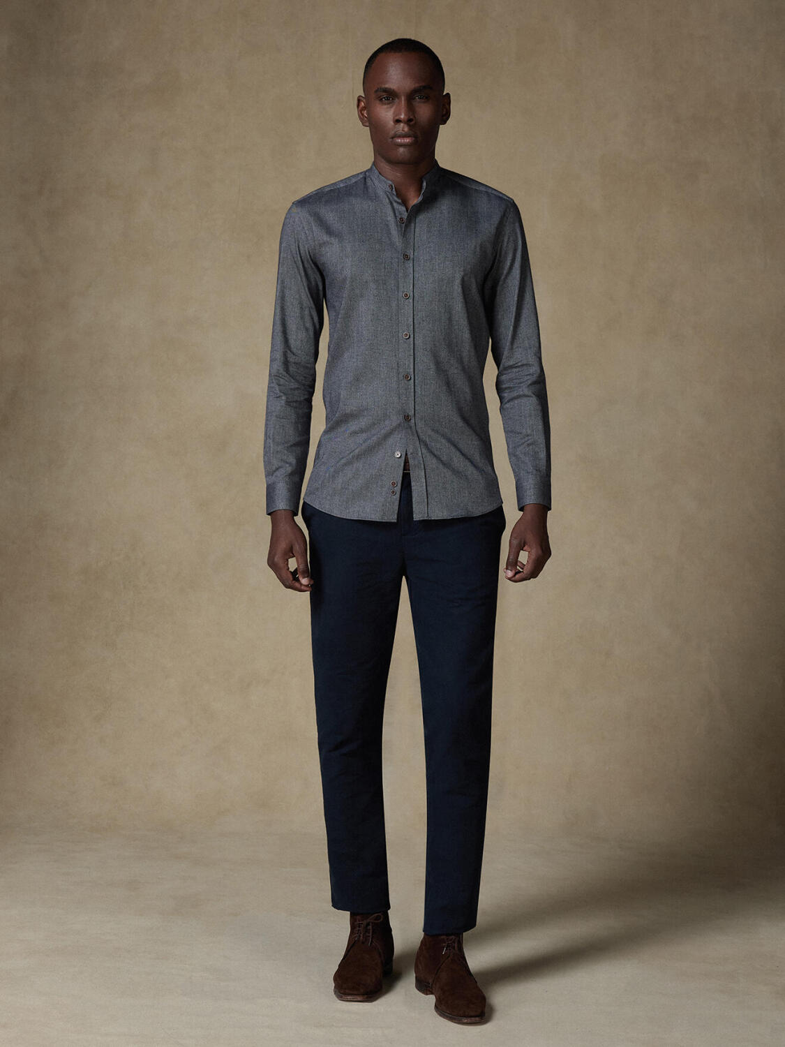 Chemise cintrée Hall en flanelle anthracite - Col Mao