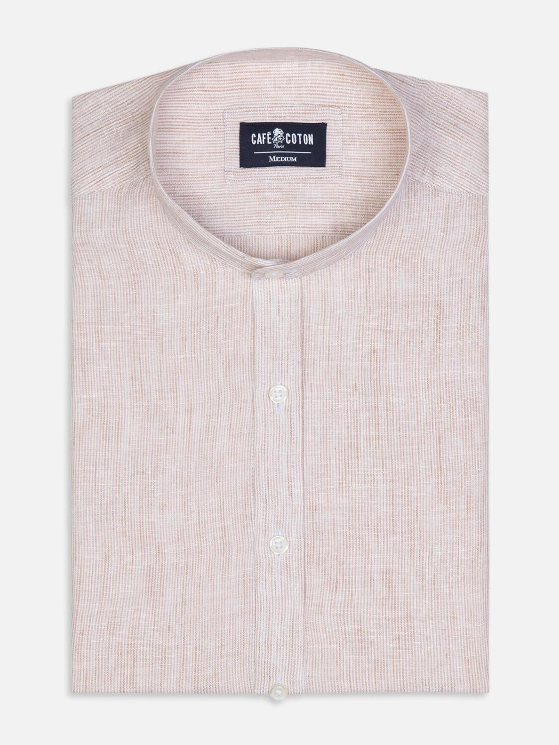 Chemise Col Mao cintrée Kim en lin à rayures sable