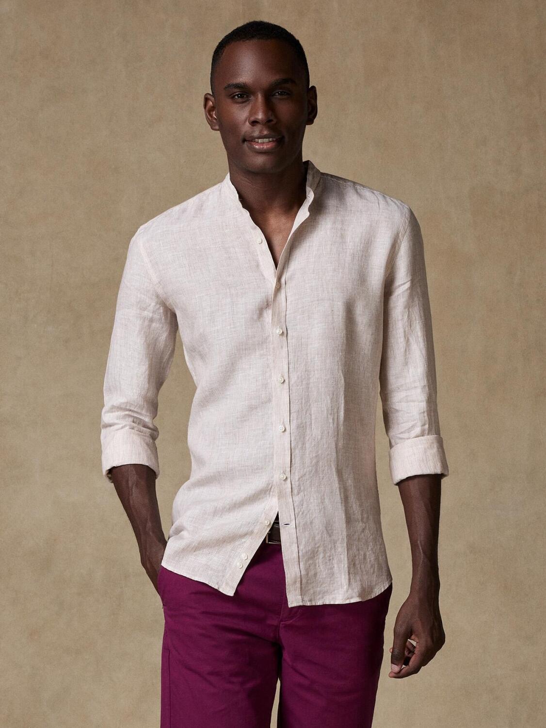 Chemise Col Mao cintrée Kim en lin à rayures sable