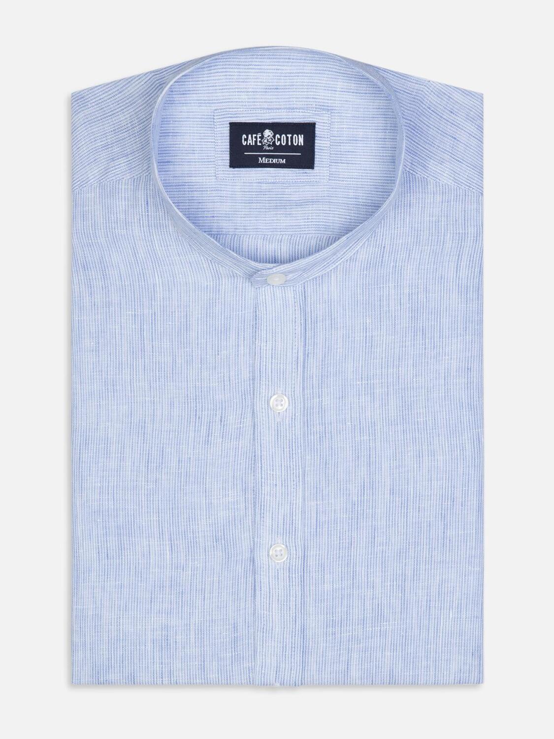 Chemise Col Mao cintrée Kim en lin à rayures ciel
