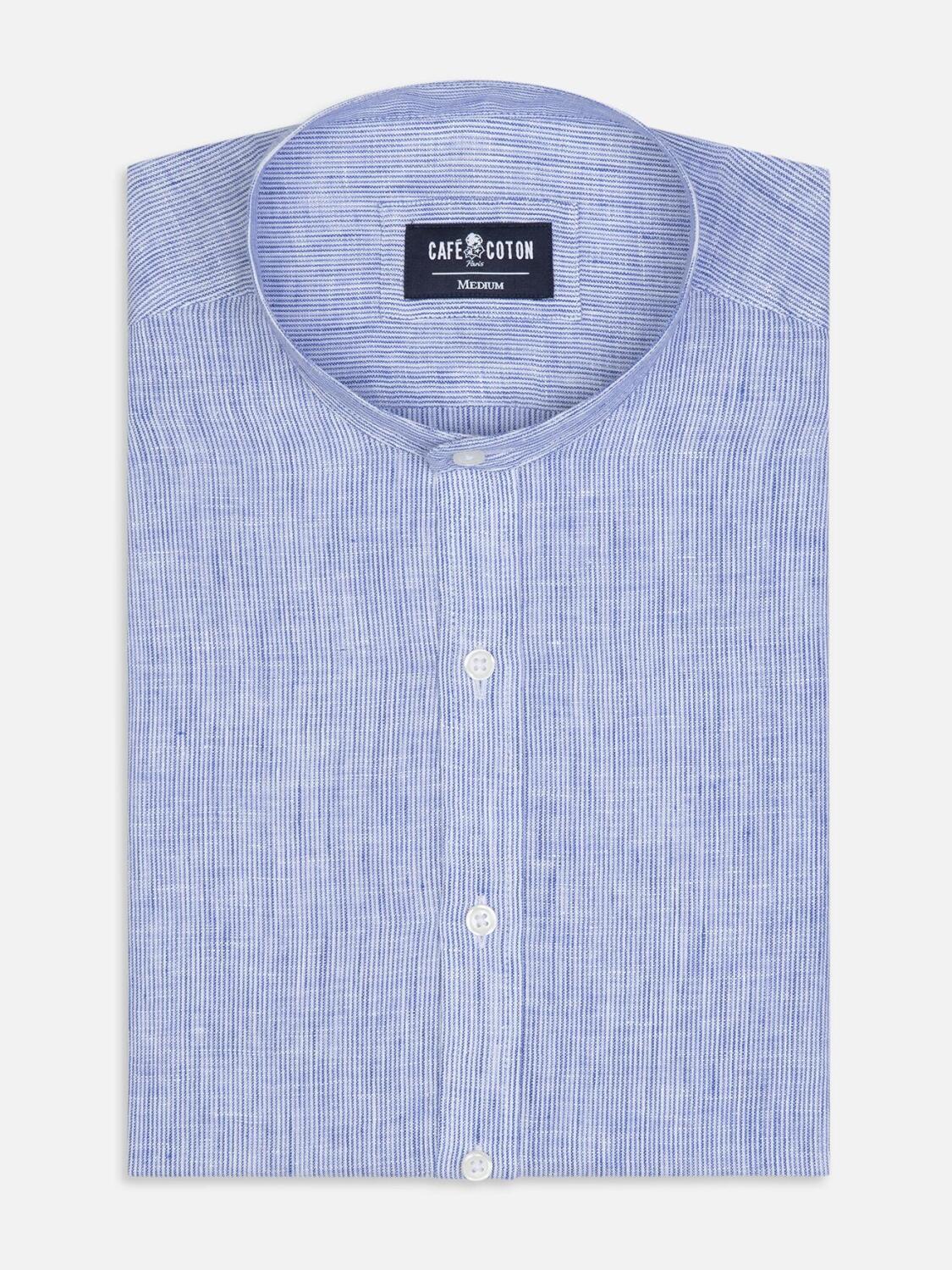 Kim slim-fitted Mao kraagoverhemd in linnen met blauwe strepen