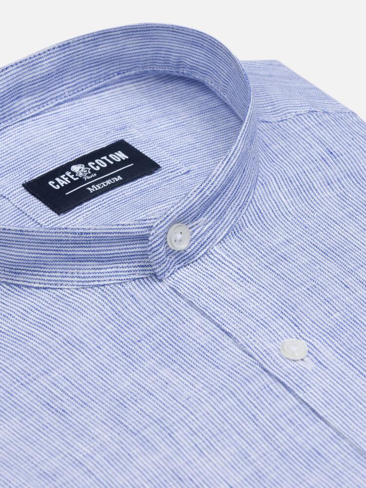 Kim slim fit shirt with Mao Collar in blue linen stripes