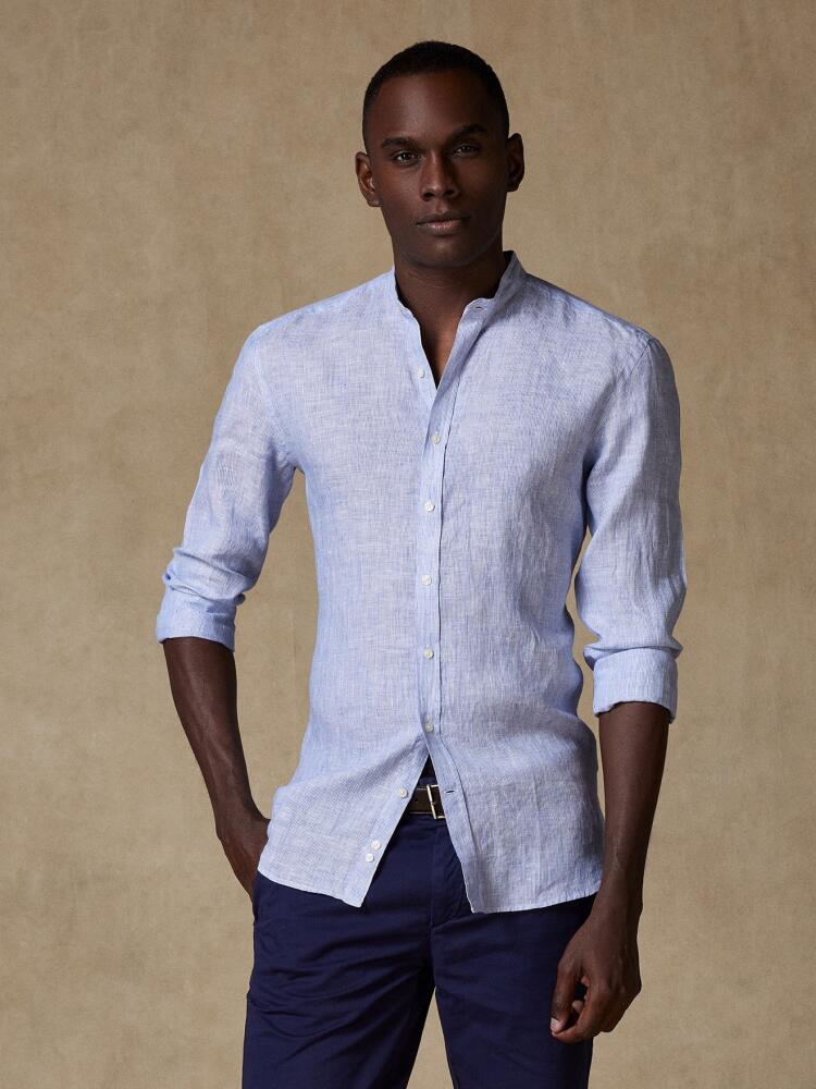 Kim slim fit shirt with Mao Collar in blue linen stripes