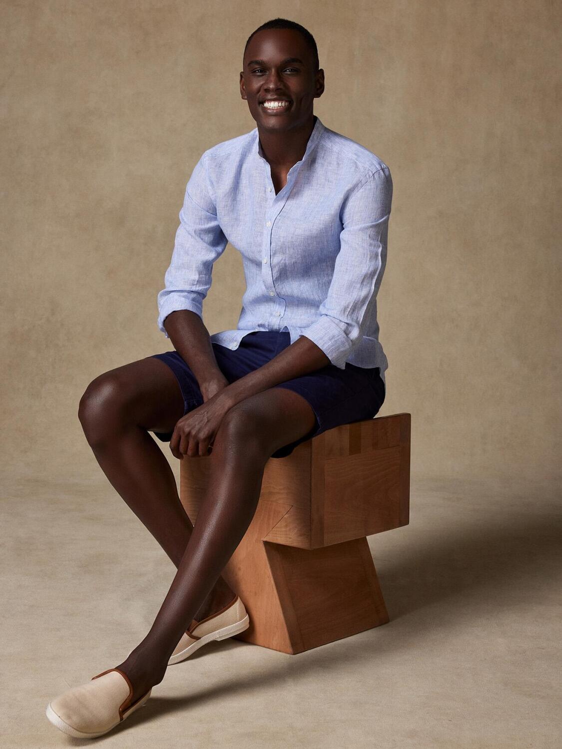 Kim slim-fitted Mao kraagoverhemd in linnen met blauwe strepen