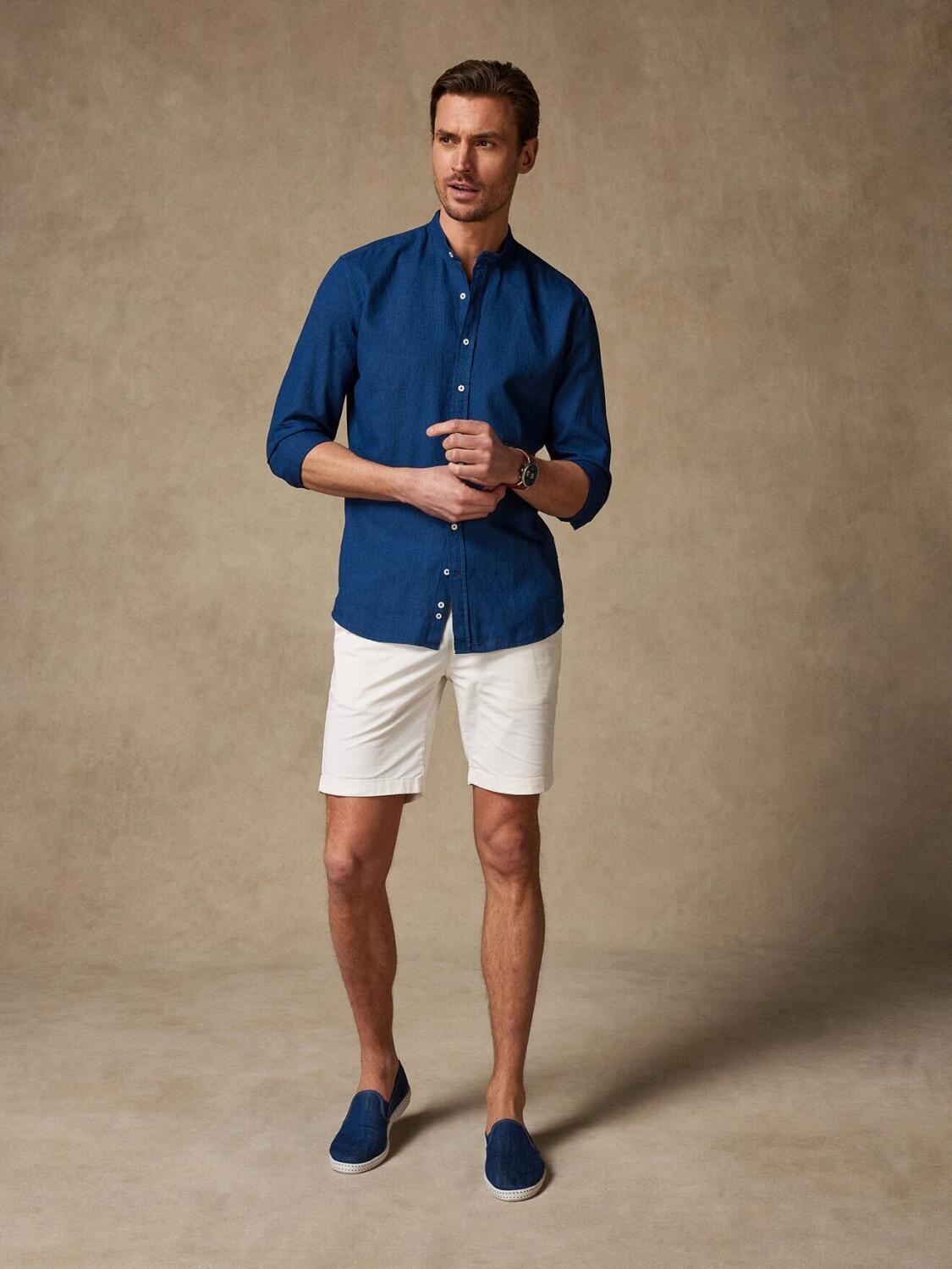 Kirla slim fit Mao collar overhemd in indigo linnen