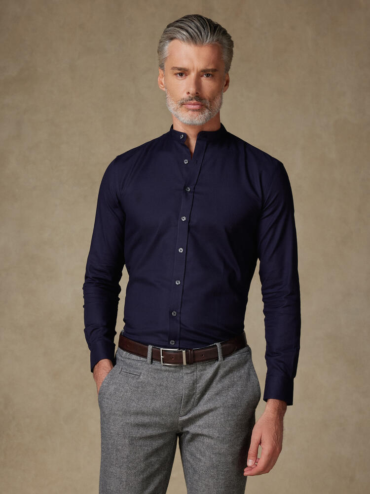 Leelan navy texturiertes Hemd - Slim Fit - Mao kragen