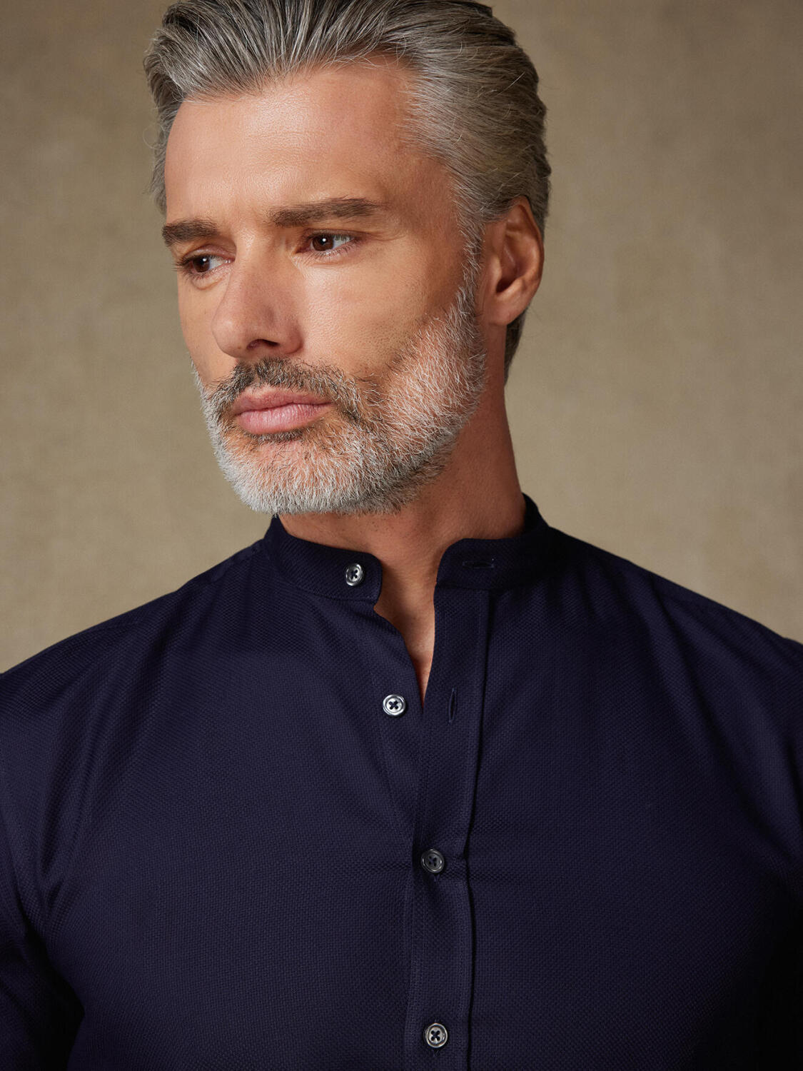 Leelan navy textured slim fit shirt - Mandarin collar