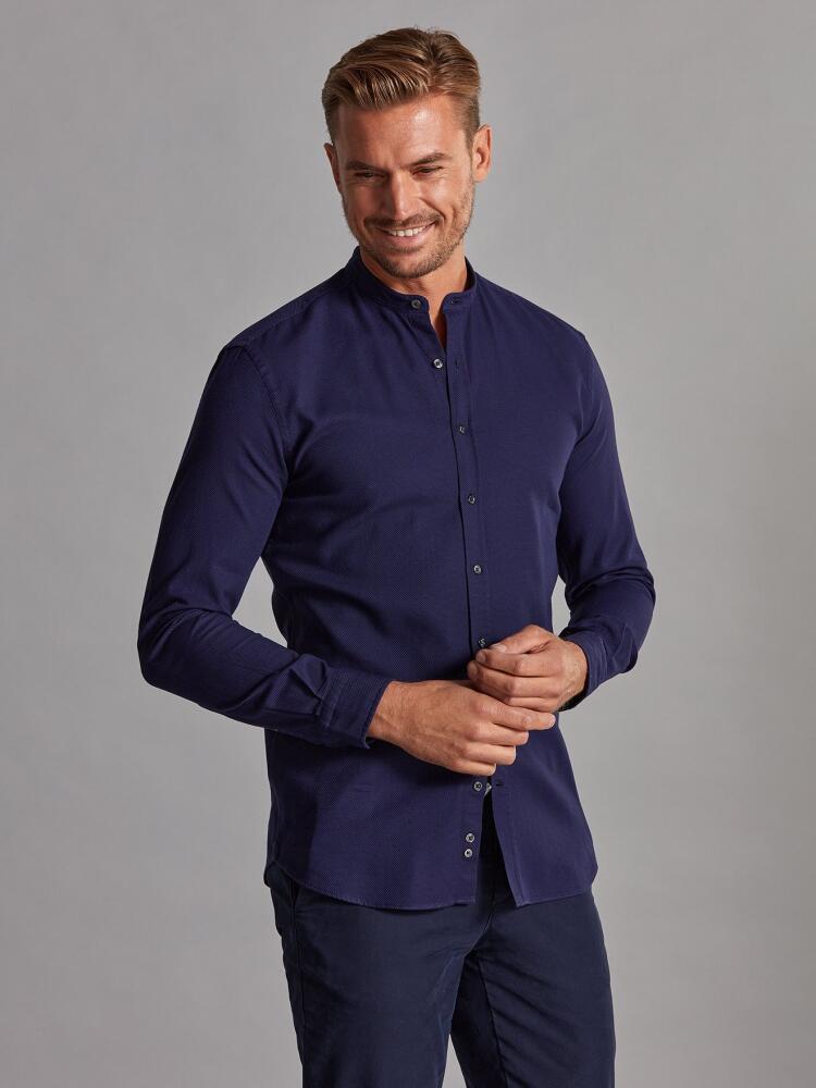 Leo navy blue textured slim fit shirt - Mao collar