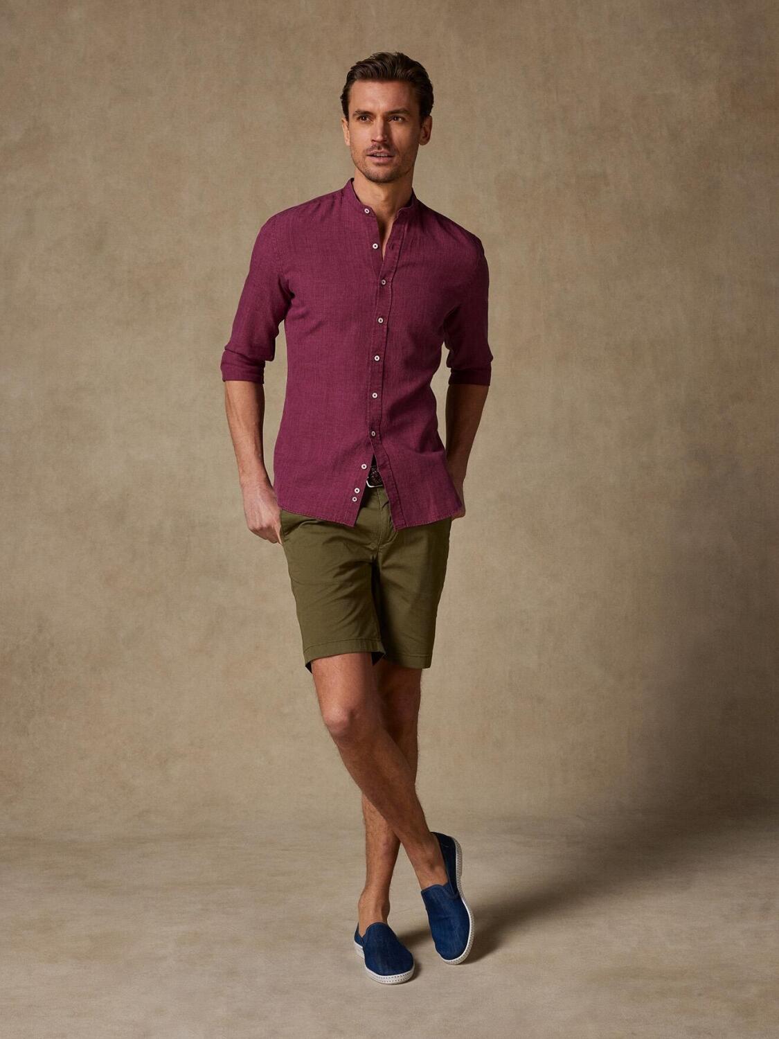 Liam slim-fitted Mao kraagoverhemd in granaatlinnen