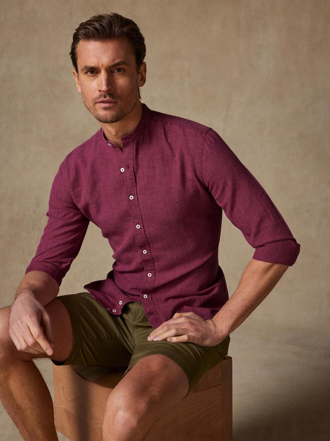 Liam slim-fitted Mao kraagoverhemd in granaatlinnen