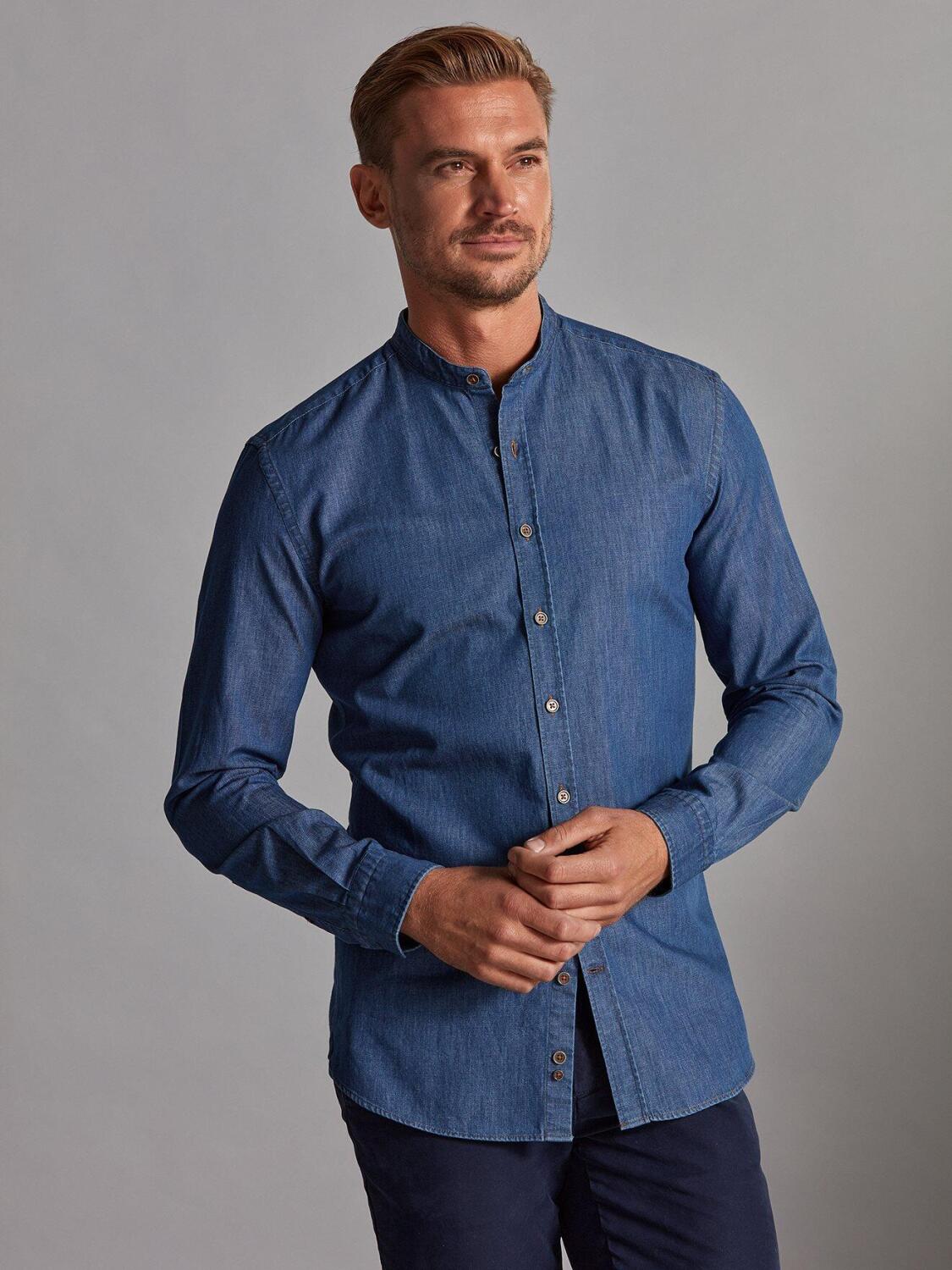 Chemise cintr&eacute;e Malo en denim - Col Mao