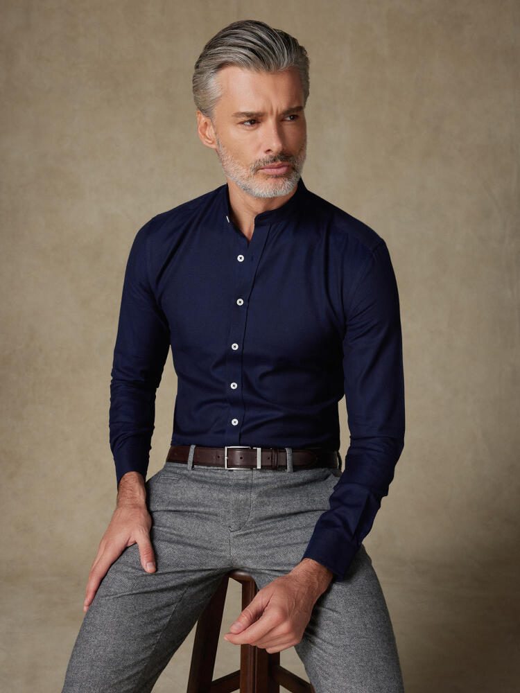 Chemise cintrée Mitch en flanelle marine - Col Mao