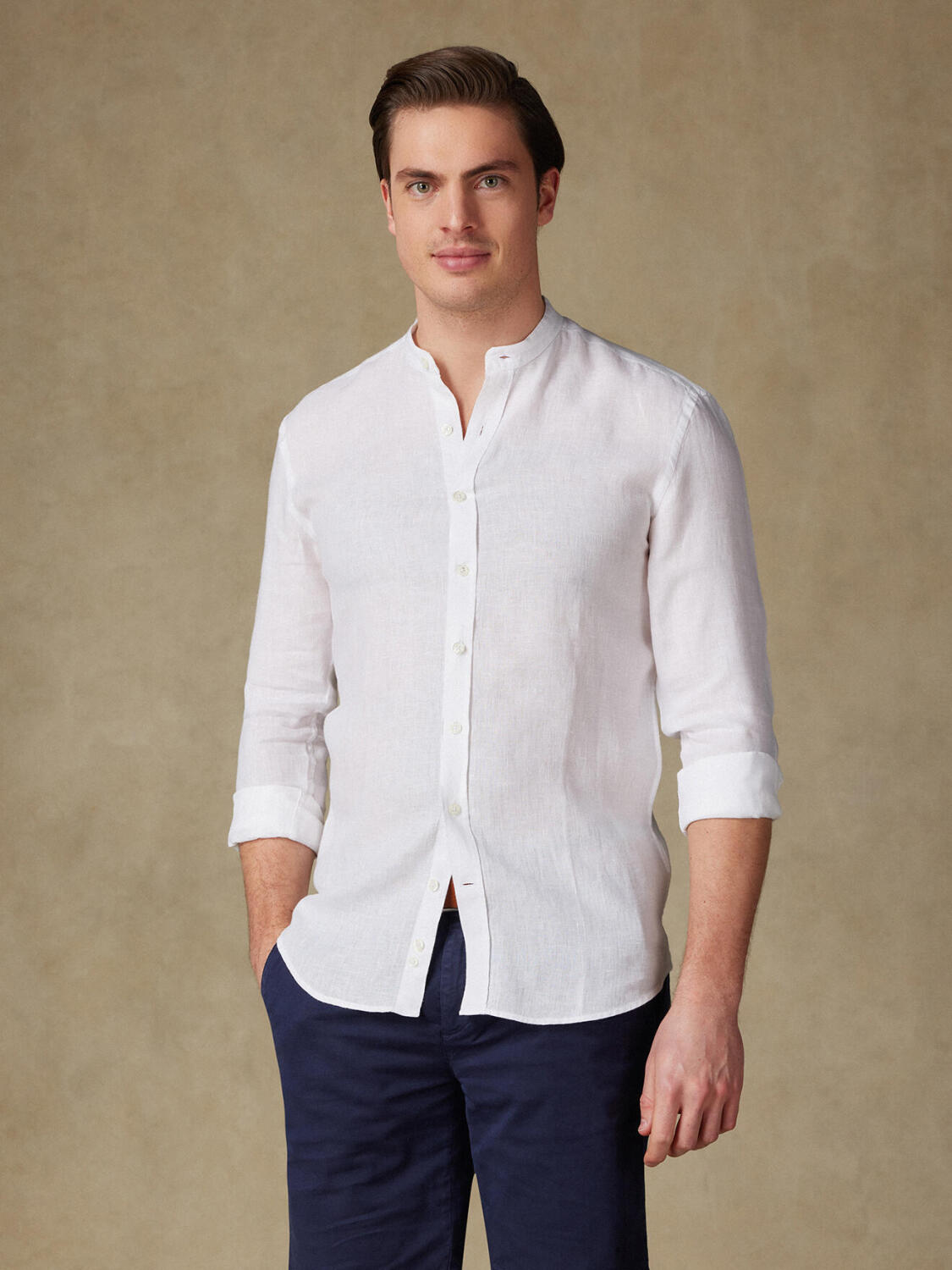 Camicia slim fit slim fit Olaf in lino bianco - Collo alla coreana