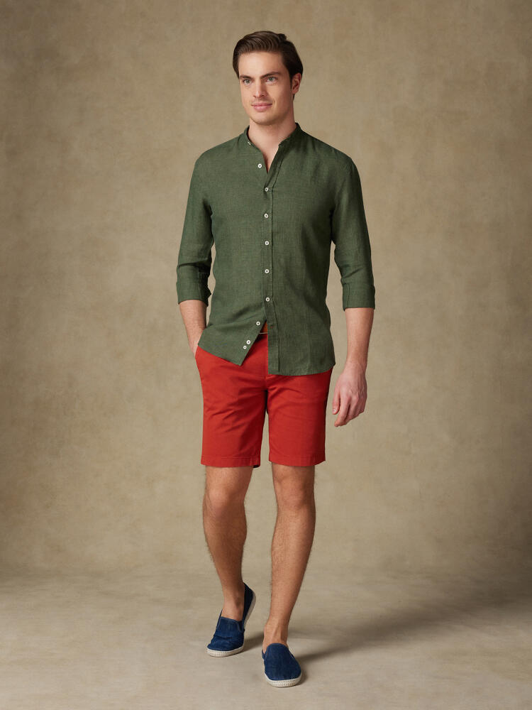 Olaf collarless slim fit shirt in khaki linen