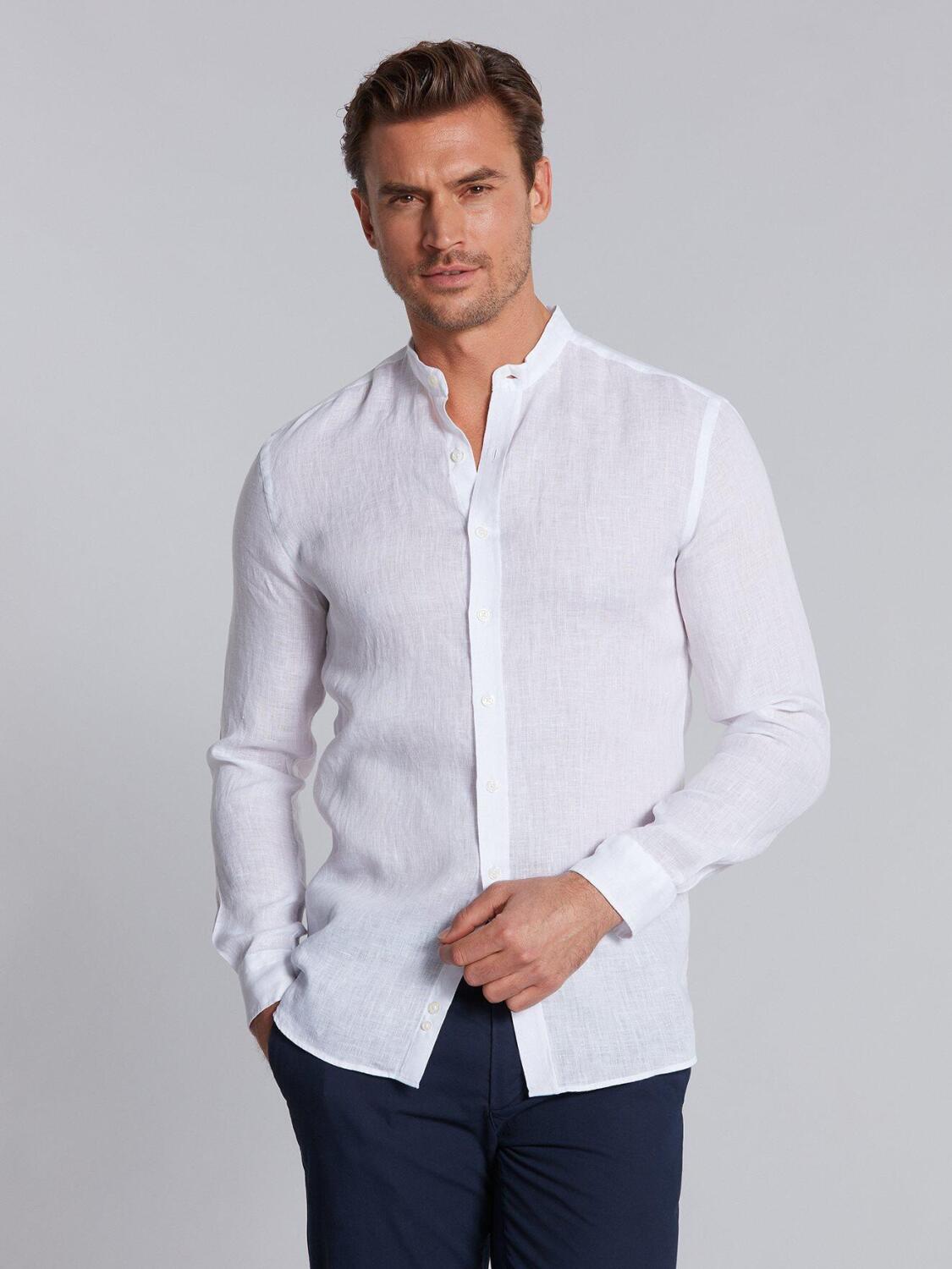 White linen slim fit shirt - Mandarin Collar