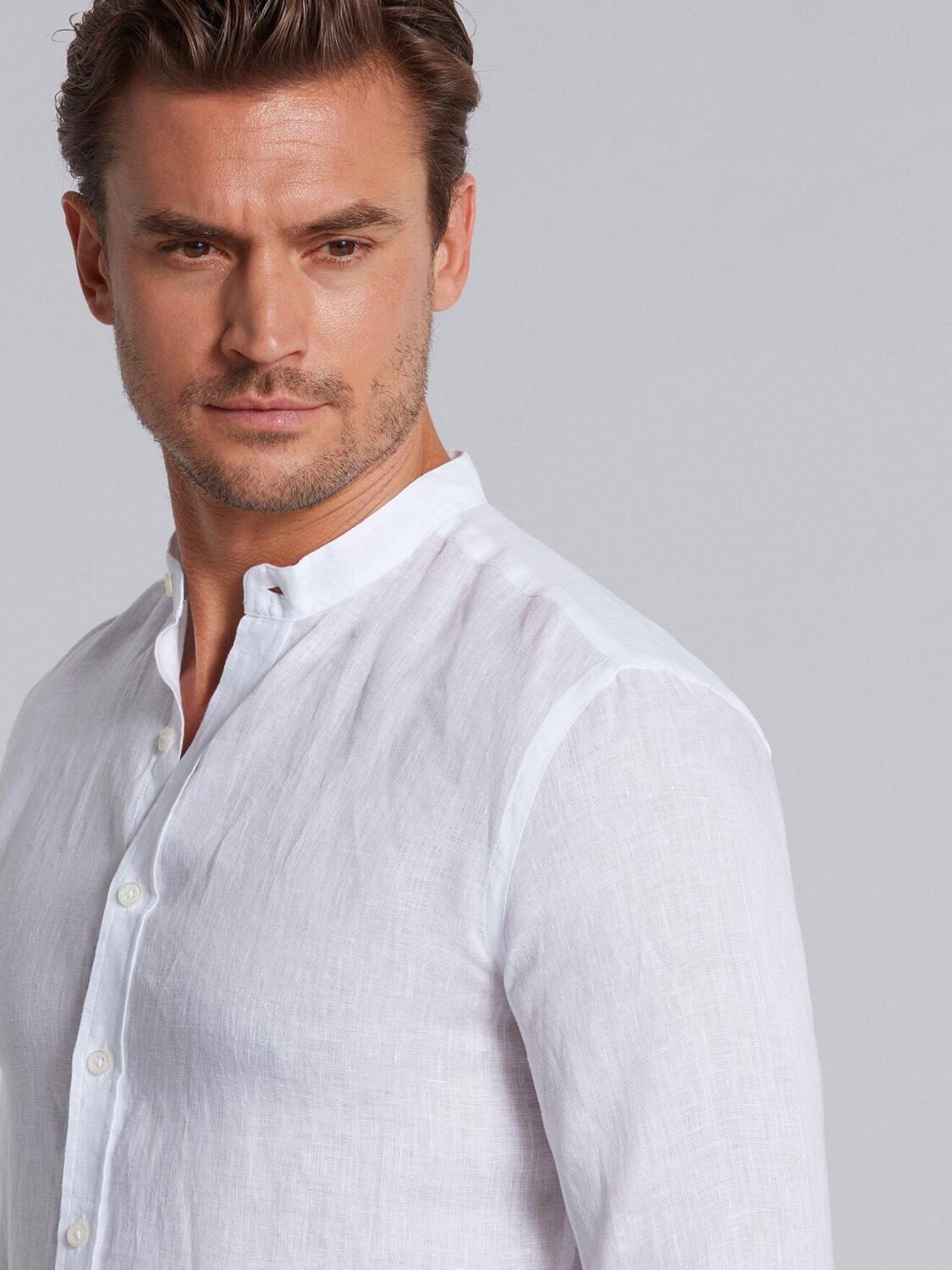 White linen slim fit shirt - Mandarin Collar
