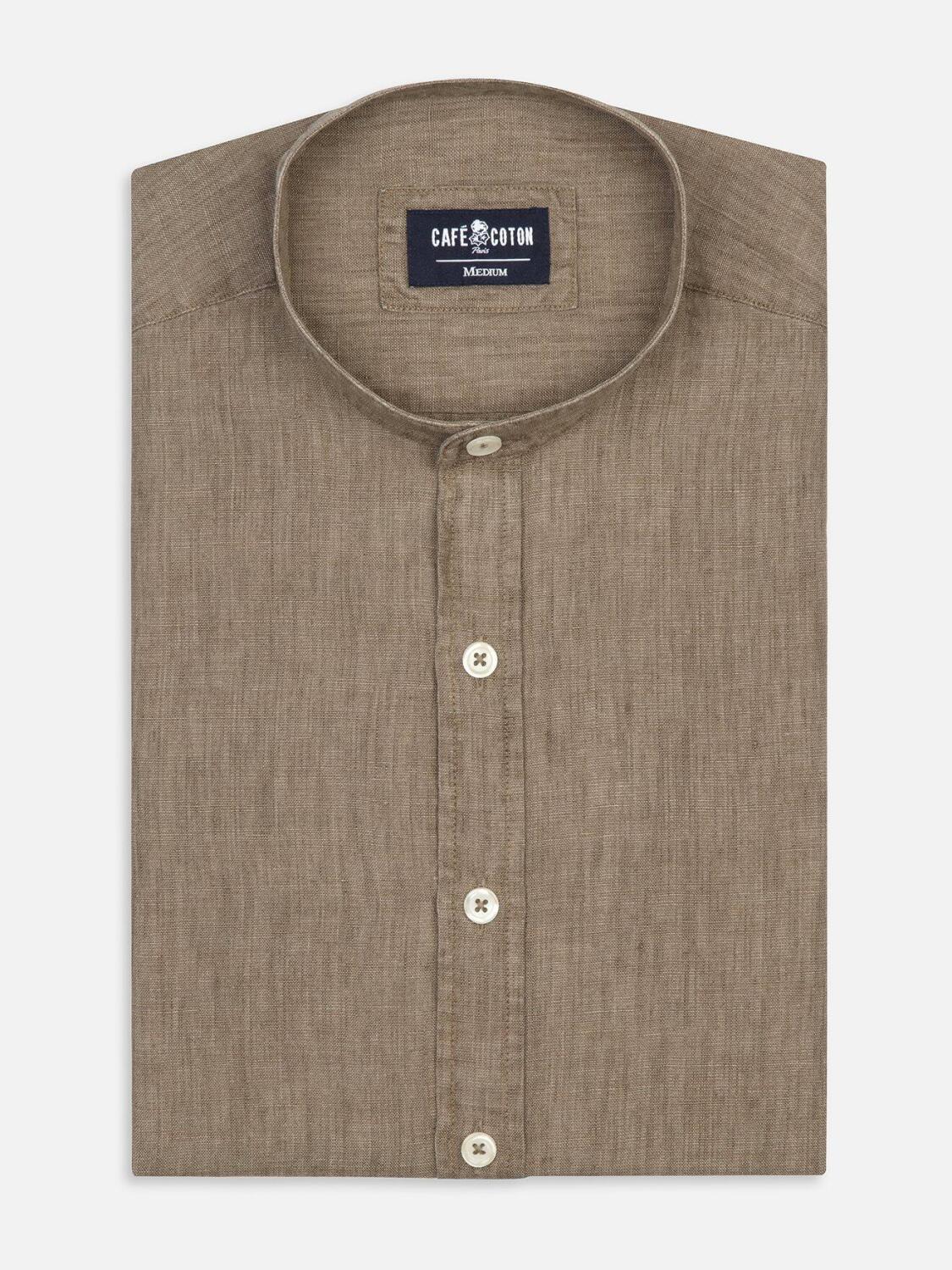 Khaki linen slim fit shirt - Mandarin Collar