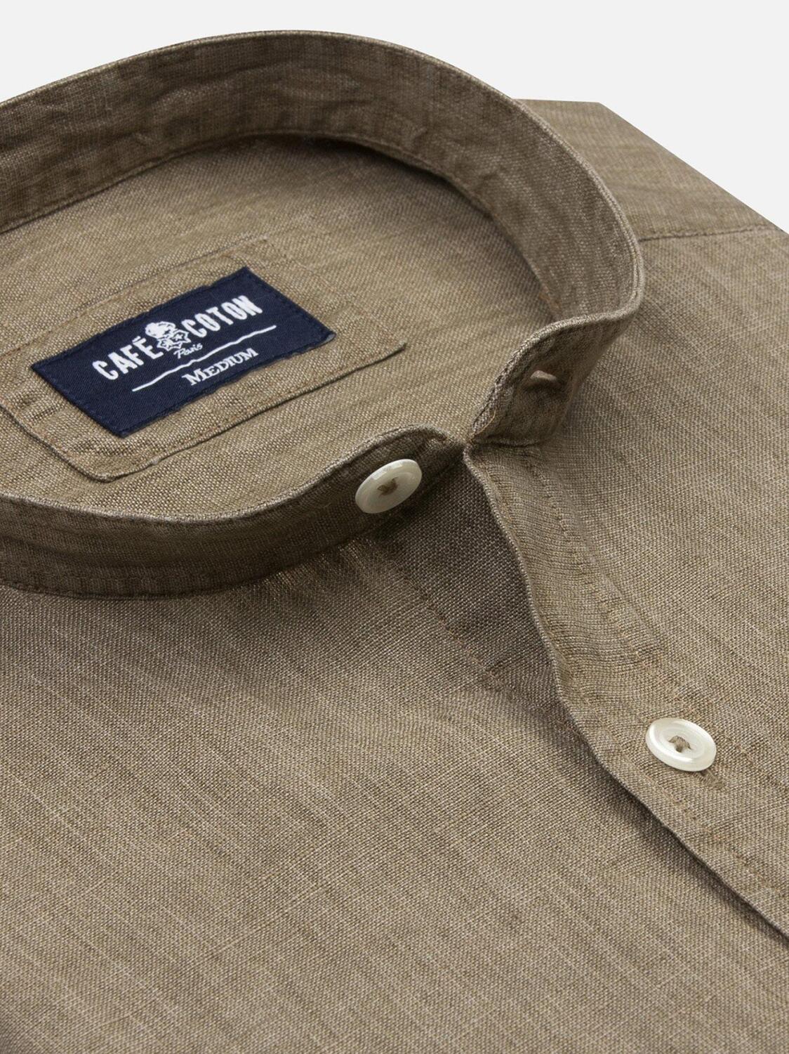 Khaki linen slim fit shirt - Mandarin Collar