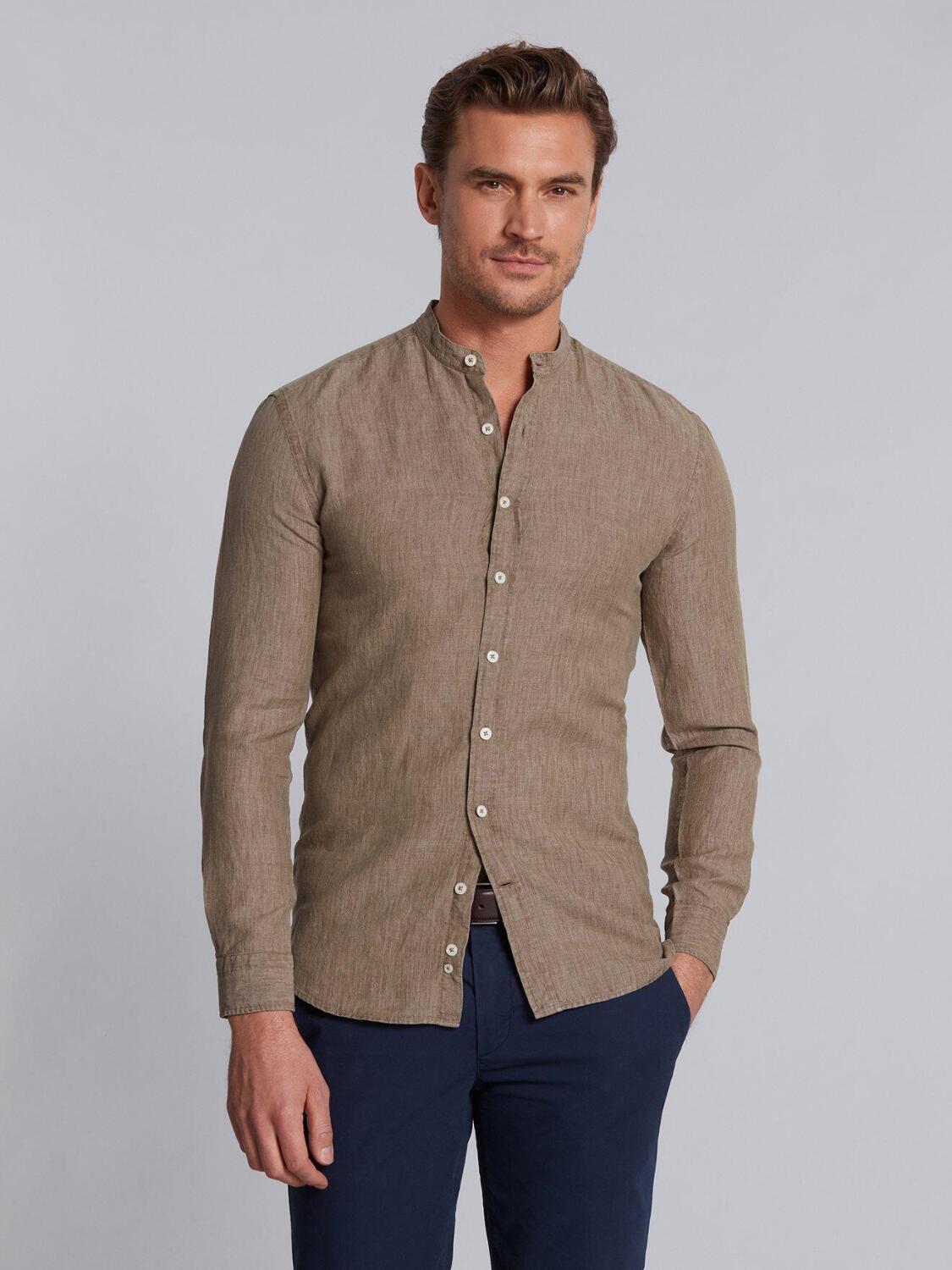 Khaki linen slim fit shirt - Mandarin Collar