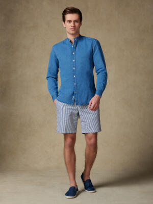 Overhemd slim met staande kraag Tim van linnen in indigo