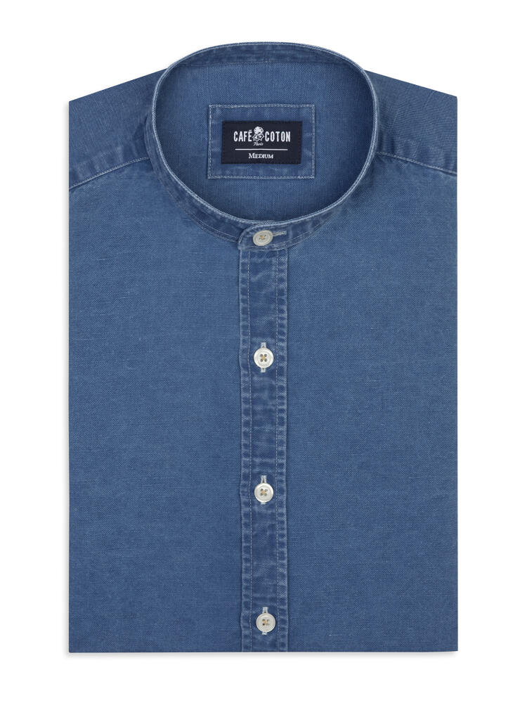 Stehkragentailliertes Hemd Tim aus Leinen in Indigo