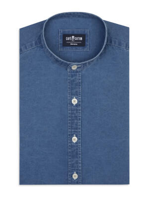 Overhemd slim met staande kraag Tim van linnen in indigo