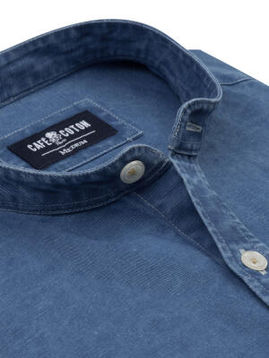 Overhemd slim met staande kraag Tim van linnen in indigo