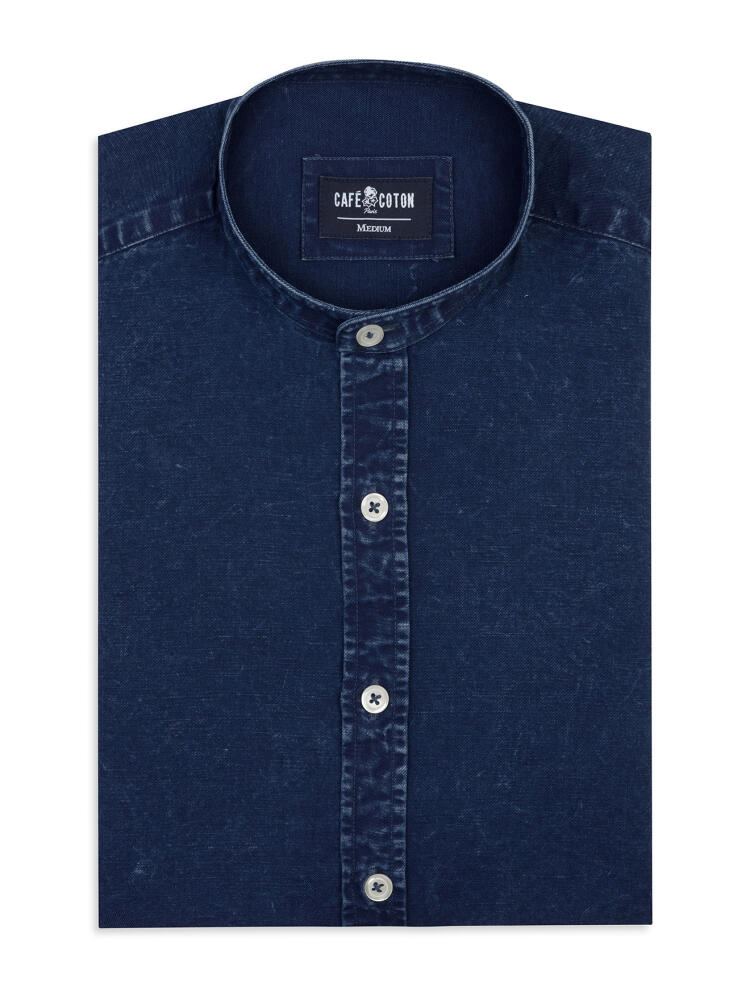 Camicia slim con collo alla coreana Tim in lino indaco scuro