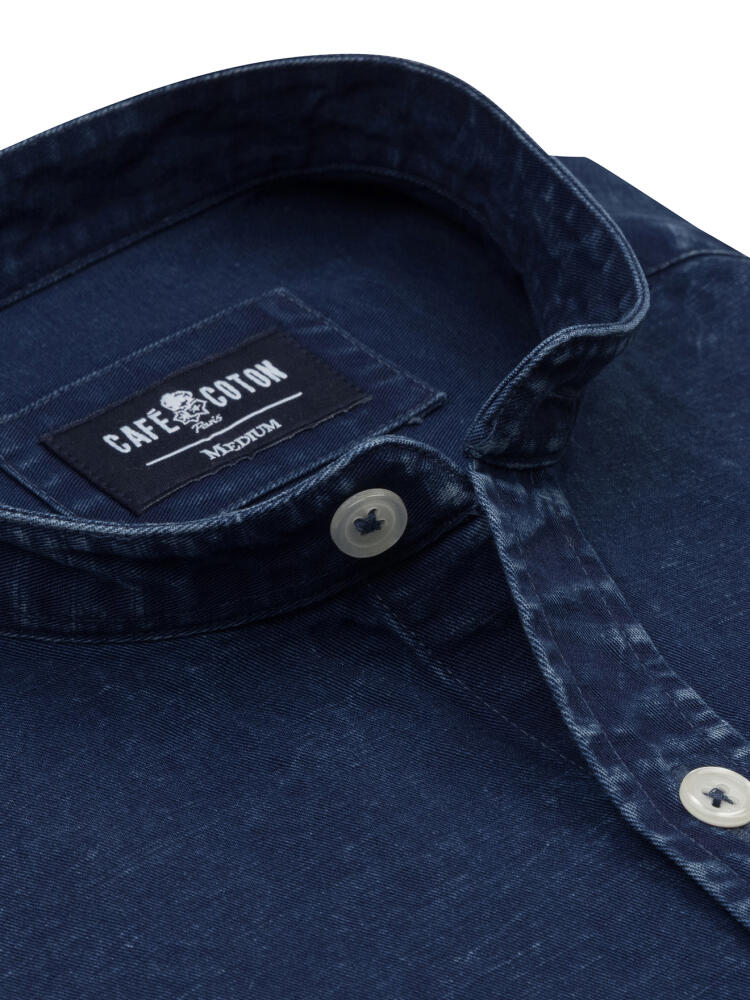 Camicia slim con collo alla coreana Tim in lino indaco scuro