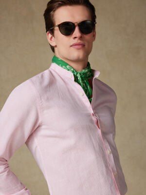 Chemise cintrée col mao Zack en lin rose