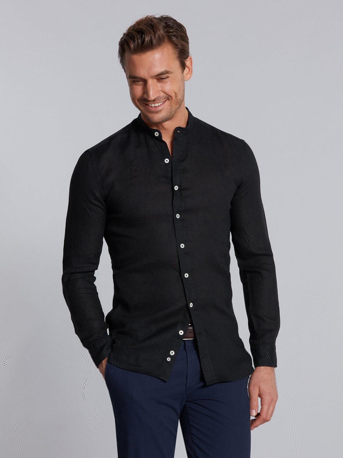 Black linen shirt - Mandarin Collar