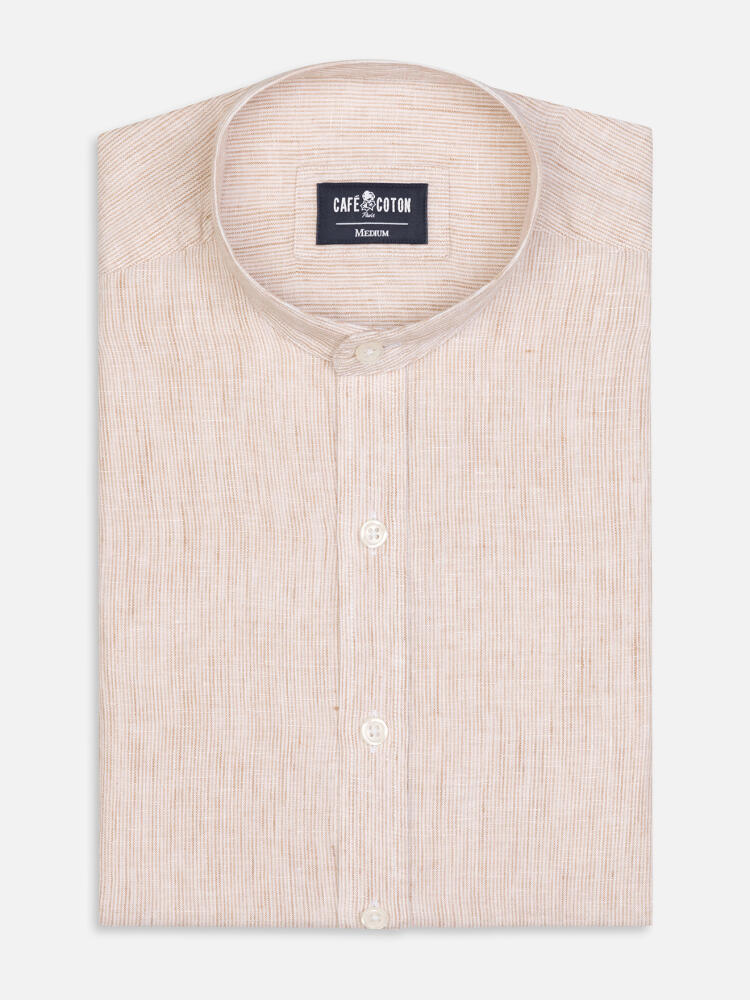 Ted colarless linen shirt in sandy stripes