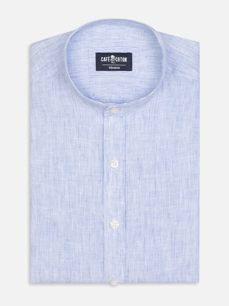 Ted colarless linen shirt in blue stripes