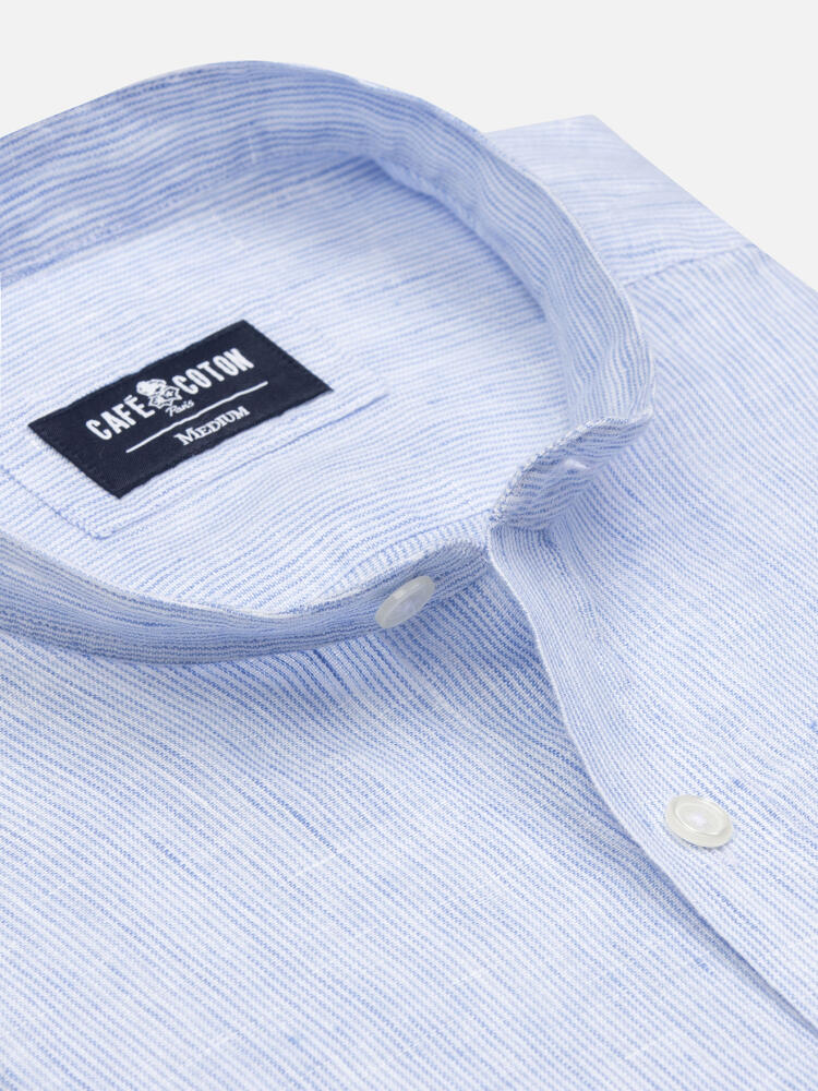 Ted colarless linen shirt in blue stripes