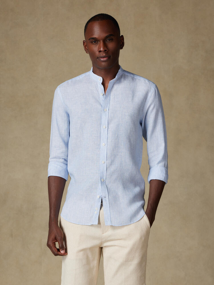 Ted colarless linen shirt in blue stripes