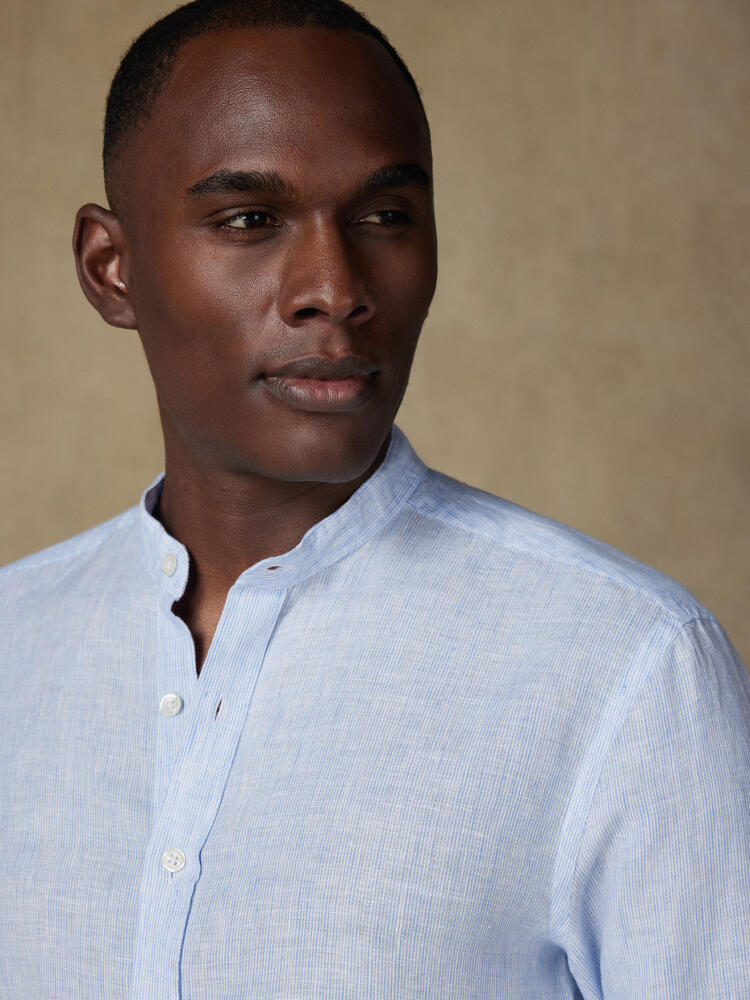 Ted colarless linen shirt in blue stripes