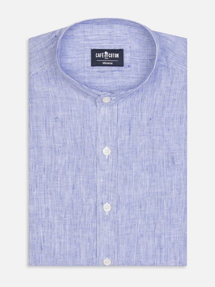 Ted colarless linen shirt in blue stripes