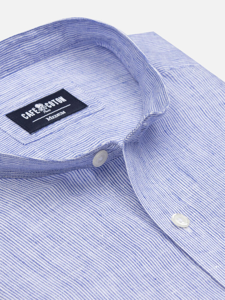 Ted colarless linen shirt in blue stripes