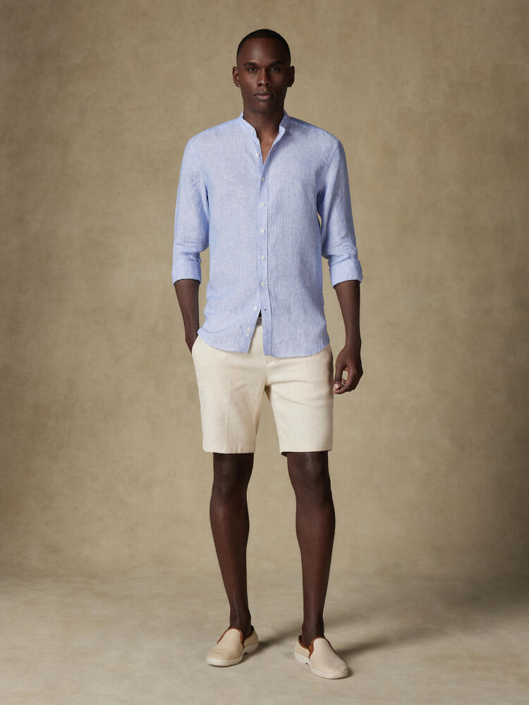 Ted colarless linen shirt in blue stripes