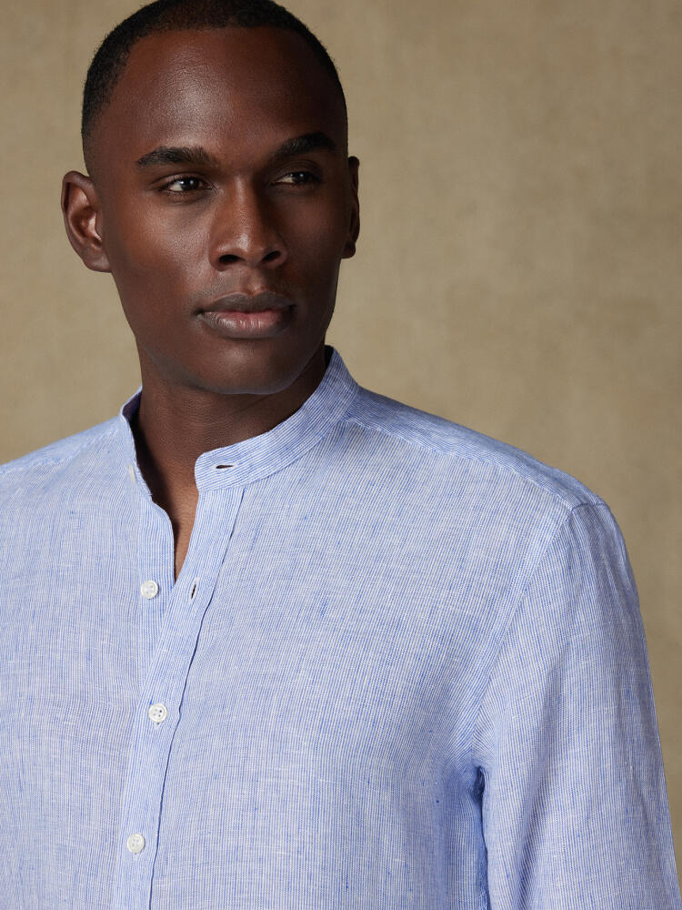 Ted colarless linen shirt in blue stripes