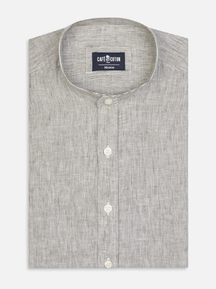 Ted colarless linen shirt in khaki stripes